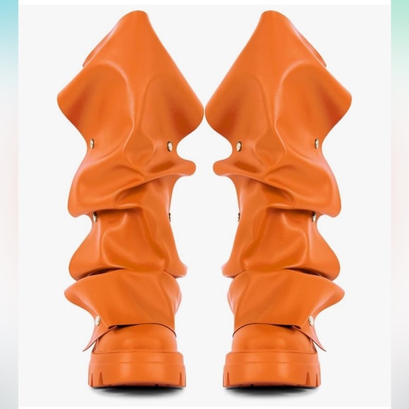 Sexy Tag Womens Orange Platform Slouchy Fold Over Boots Block Heel 6 - Picture 2 of 11